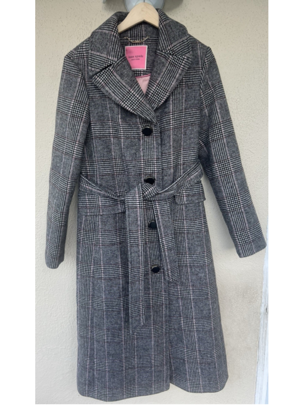 Kate Spade New York Plaid Wool Blend Belted Overcoat M Preppy Academia Office